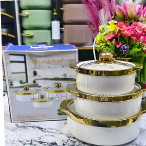 *3pc Set Gold Ceramic Serving Dishes With Glass Cover
