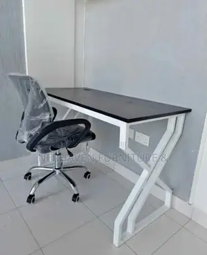Office White Metal Desk + Mesh Office Chair