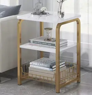 Marble Effect MDF Metal Side Table/ Bedside* (White / Gold )