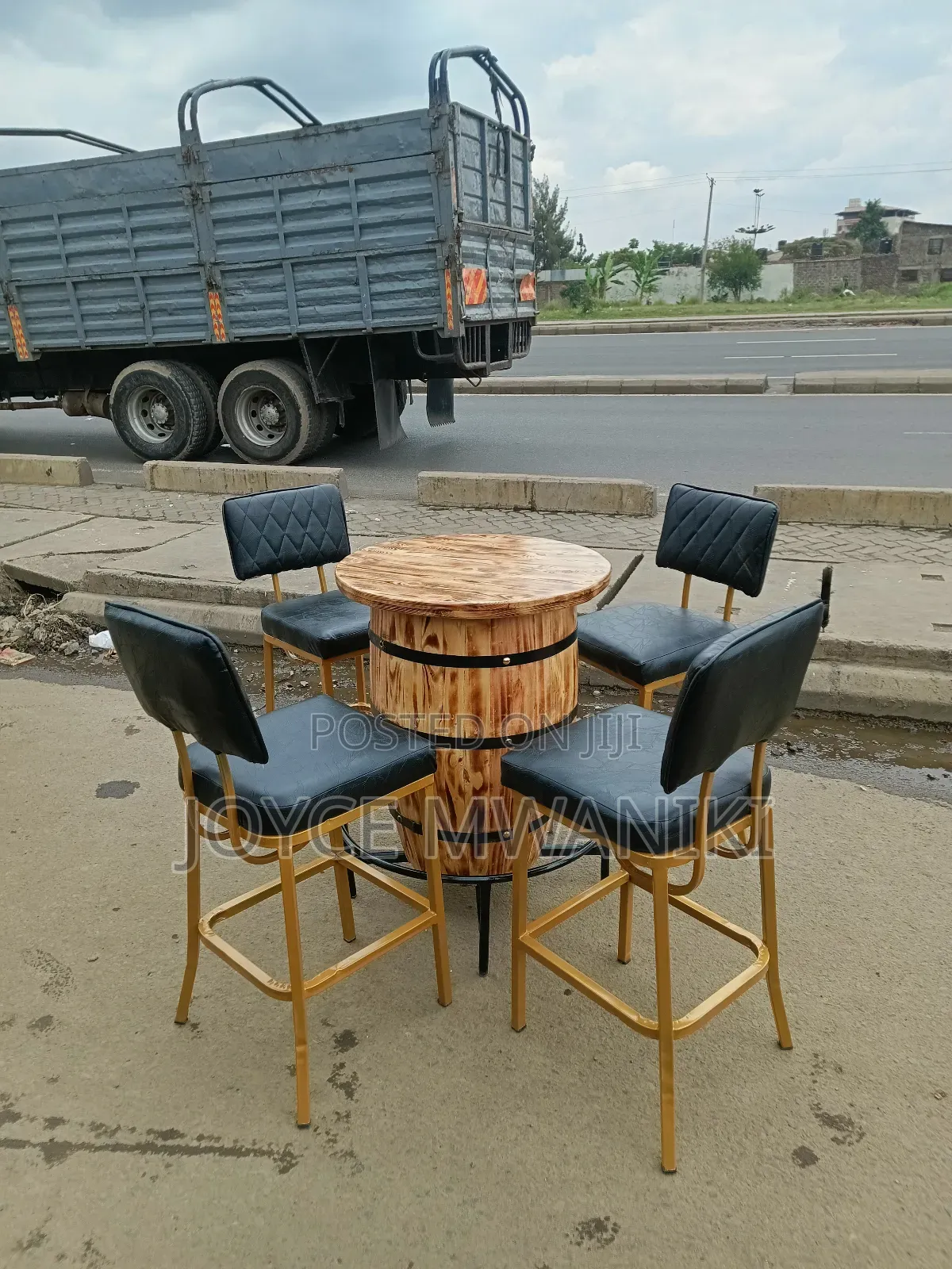 Bar Set, Black and Gold Chairs With Barrel Table 