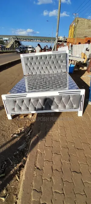 Grey and White Button Tufted Bed Frame
