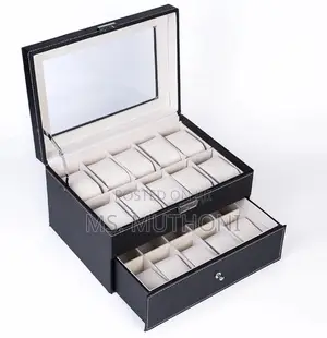 Black Pu Leather 20-Slot Watch Box With a Glass Top a Bottom Drawer.