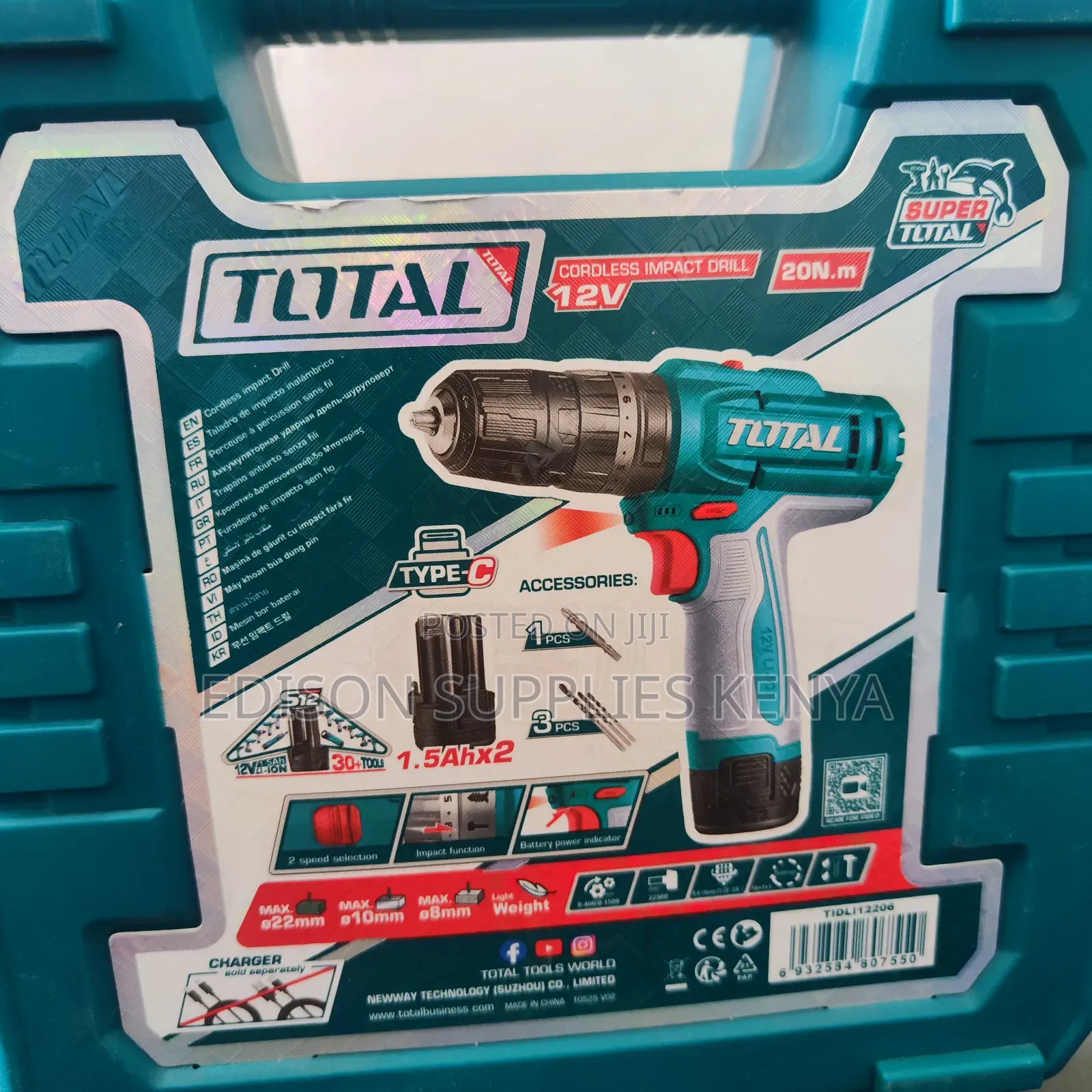 Total Cordless Impact Drill 12v 20n.M, 2 Batteries Hammer Drill + Bits