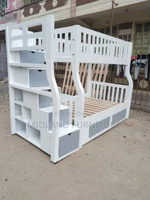 Double Decker Bunk Bed With Storage Shelves.