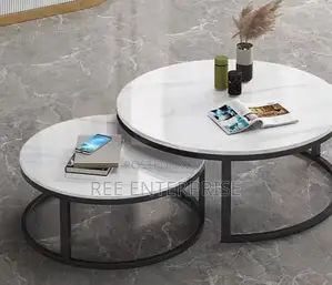 Luxury Pure Marble Top Nesting Coffee Tables With Black Stand.