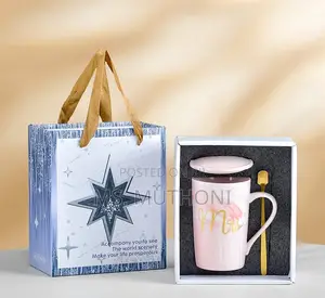 Ceramic Mug Gift Set ;A Mug, a Lid, and a Gold-Colored Spoon,
