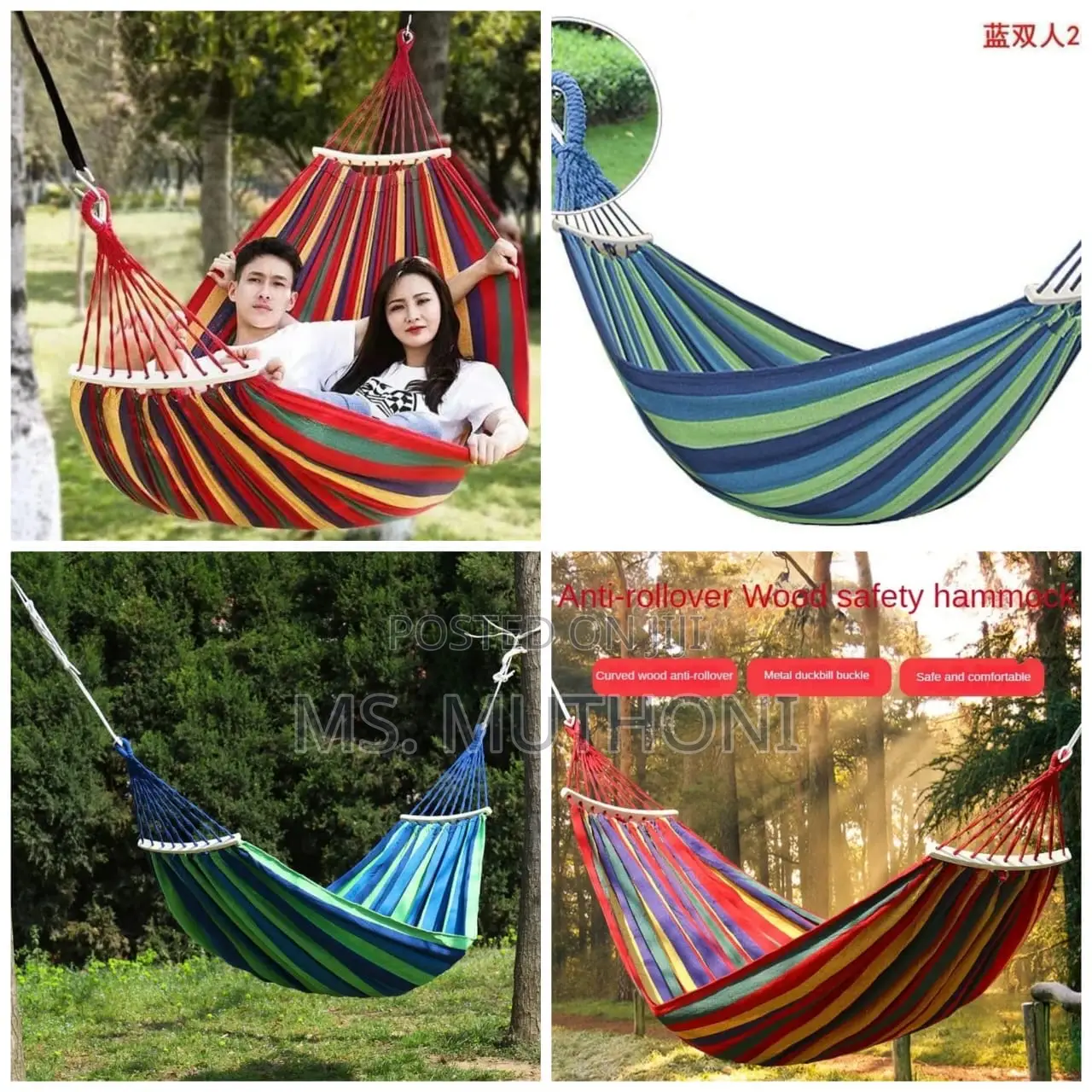 Blue and Green Striped Canvas Hammock With Spreader Bars.