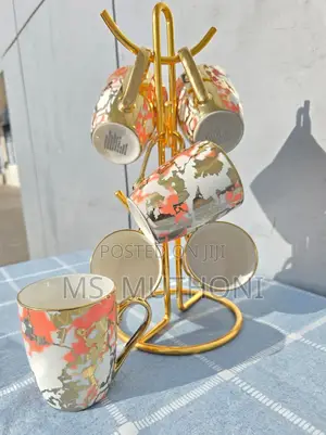 6 PCS Ceramic Mugs With a Gold and Coral Abstract Pattern