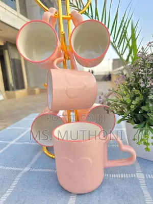 6 Pieces Heart-Shaped Handles Pink Ceramic Cups