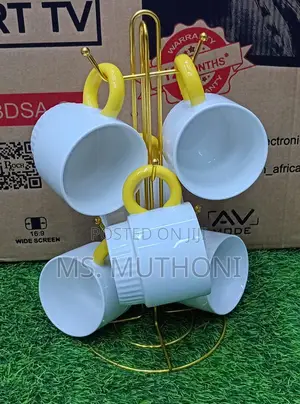 *6 PCS White Ceramic Coffee Mugs With Yellow Handles