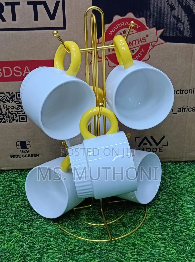 *6 PCS White Ceramic Coffee Mugs With Yellow Handles