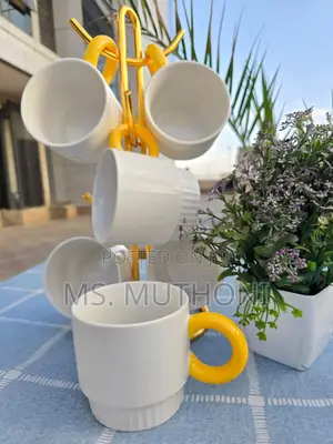 *6 PCS White Ceramic Coffee Mugs With Yellow Handles
