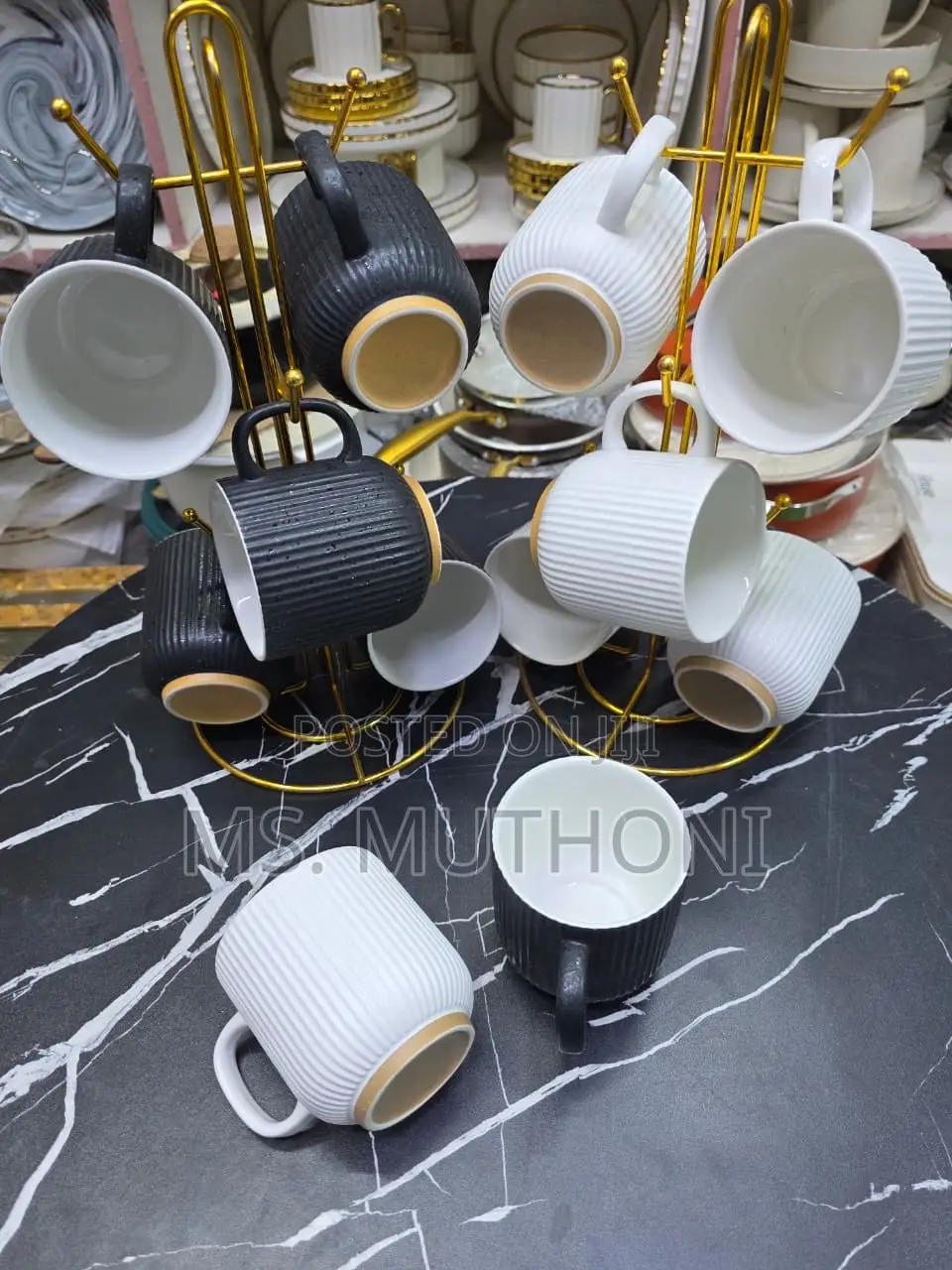6 PCS White / Black Aesthetic Ribbed Ceramic Coffee Mugs
