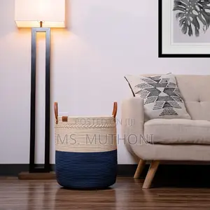 Two-Tone Cotton Rope Storage / Laundry Basket H Faux Leather Handles