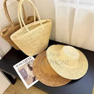 2 Piece Set Natural Straw-Effect Sun Hat and Matching Bag.