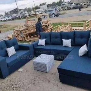 Navy Blue L-Shaped Sofa + 2 Seater - Payment on Delivery