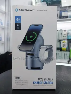 Powerology Qi2 Wireless Charging Station With Bluetooth Speaker.