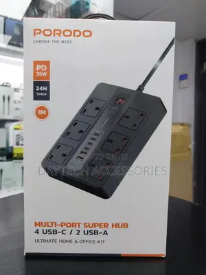 Porodo Multi-Port Super Hub With 6 Ac Outlets 4 Usb-C Ports 2 Usb