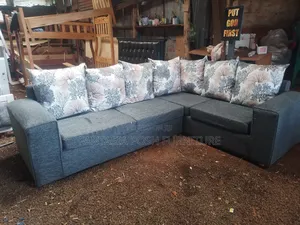 Grey L-shaped Fabric Sofa With Patterned Cushions