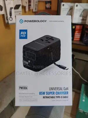 Powerology Universal Gan 85w Travel Charger Retractable Type-C Cable