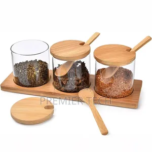 3 In1 Glass Sugar Set With Bamboo Stand, Lids and Spoons