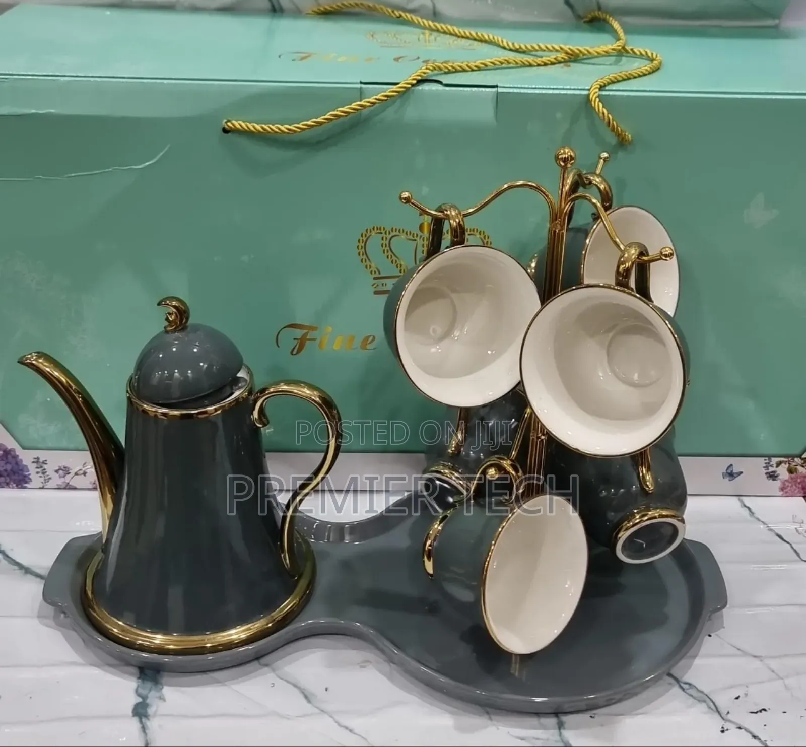 Fine Ceramic 9pc Tea Set With Cup Stand 6 Cups Kettle 8 Shaped Tray