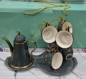 Fine Ceramic 9pc Tea Set With Cup Stand 6 Cups Kettle 8 Shaped Tray