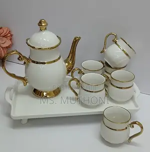 White and Gold Porcelain Ceramic Tea Set.