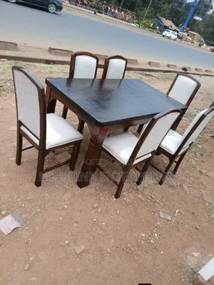Whitish Fabrc Chairs 6-Seater Dinner Table Set