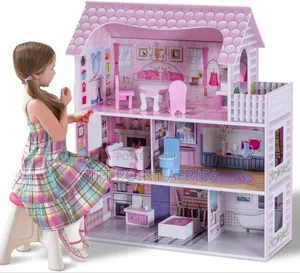 Pink Wooden Doll House With Furniture Set For Kids