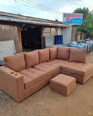 5-Seater Brown L-Shaped Sofa With Ottoman