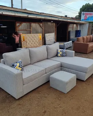 5-Seater Neutral Grey L-Shaped Sofa + Ottoman - Free Delivery