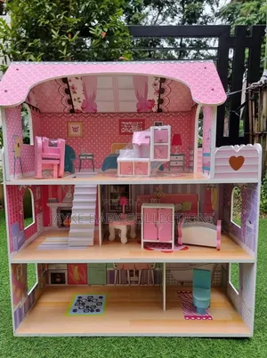 28-Inch Pink Wooden Dollhouse With Furniture