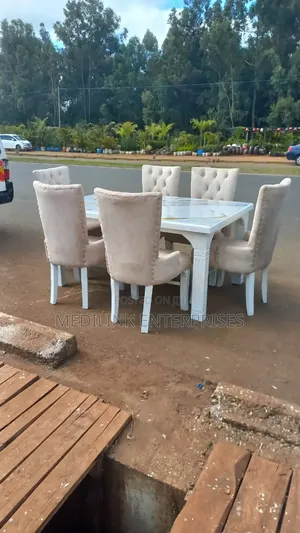 Upholstered Chairs Marbled Top 6-Seater Dinning Table Set