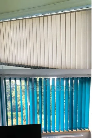 Sky Blue And Beige Closed And Opened Vertical Office Blinds