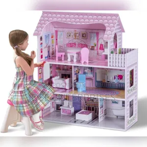 Pink Wooden Kids Doll House With Furniture Set