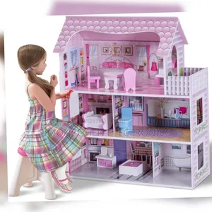 Pink Wooden Kids  Doll House With Furniture Set