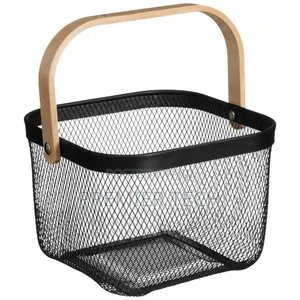 Round Square Pantry Mesh Wire Fruit Basket With Wooden Handle