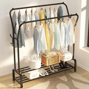 Curved Double Clothes Rack With 2 Bottom Shelf Storage Organizer Space