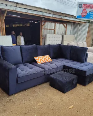 5-Seater Navy Blue Sectional Sofa + Ottoman - Free Delivery