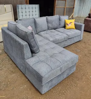 5-Seater Grey Tufted L-Shaped Sofa With Throw-Pillows