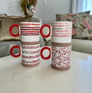 (400 Ml) 6 PCS Set of Porcelain Coffee Mugs With Red D White Patterns