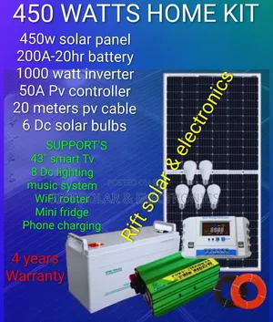 450 Watts Solar Home Kit Support 50" Smart Tv, Mini Fridge 8 Lights