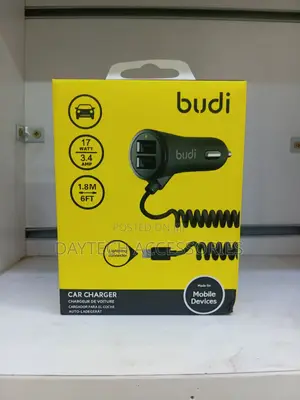 Budi Dual Usb Port Car Charger With a Built-in Coiled Lightning Cable