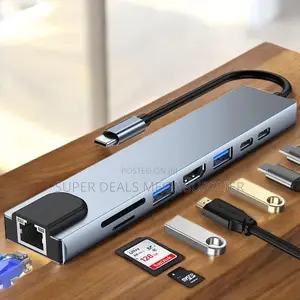 Compact Usb- C Hub 8-in-1 Adapter With Rj45, Hdmi and Power Delivery