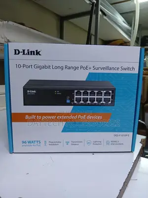 This Is a D-Link 10-Port Gigabit Long Range Poe+ Surveillance Switch.