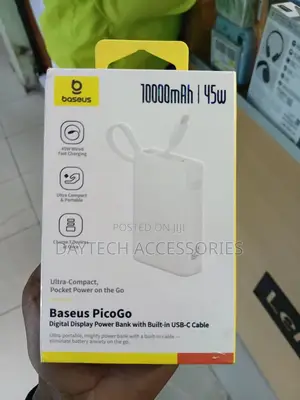 Baseus Picogo 10,000 Mahpower Bank With a Built-in Usb-C Cable.