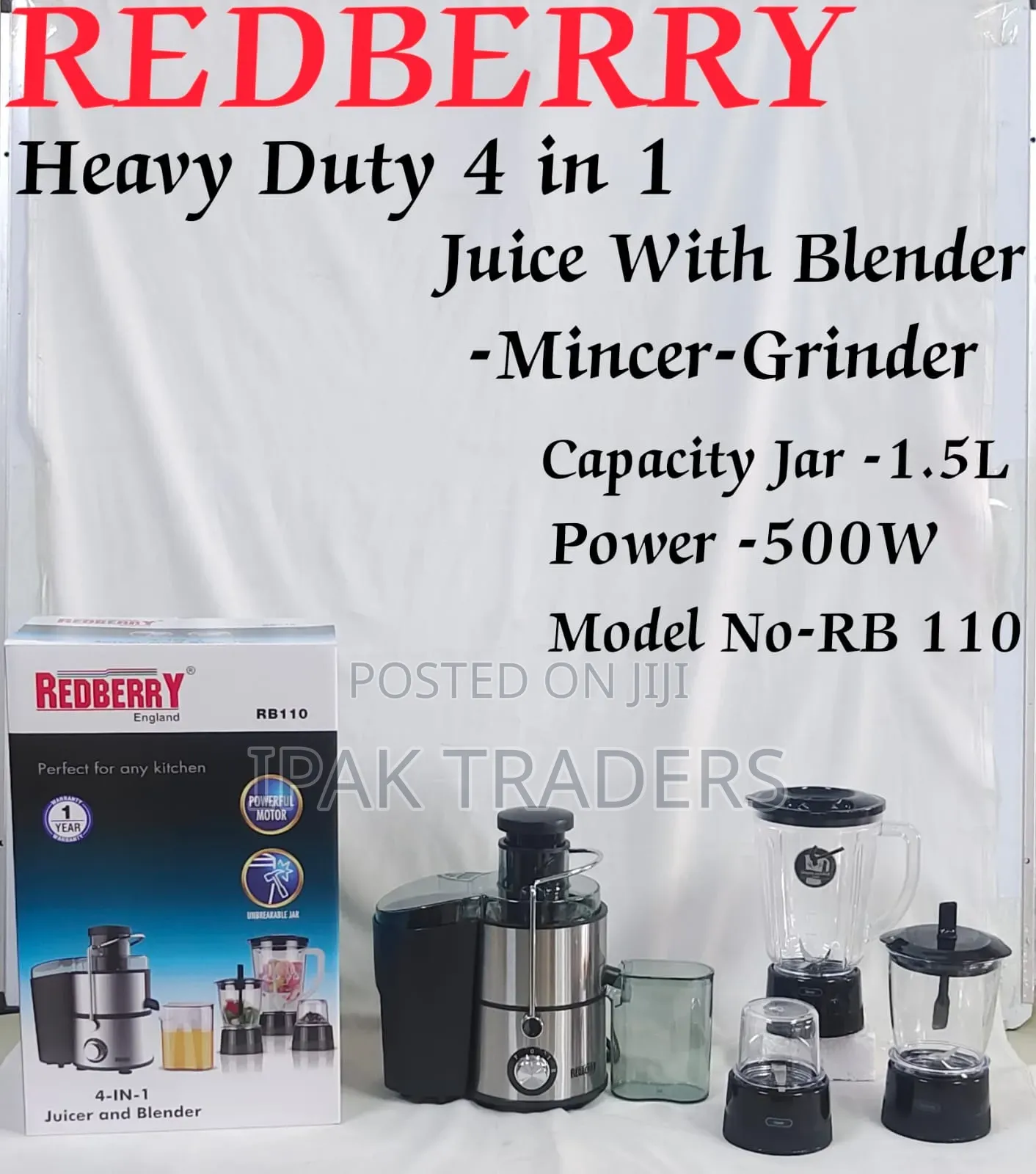 Redberry 500w 4in1 Juicer With Blender, Mincer and Grinder