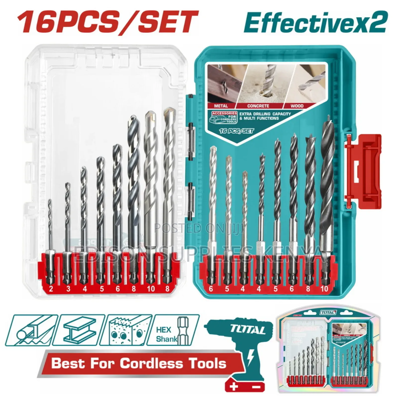 Drill Bits Total 16 Pc Metal, Masonry and Wood Drill Bits Set Assorted