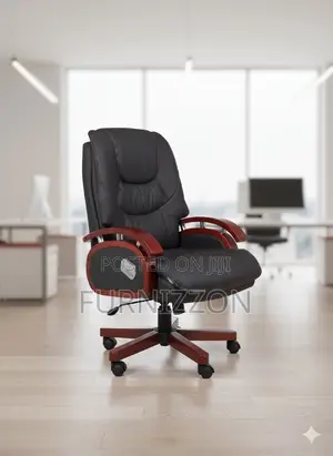 . Executive Office Chair Black Leather Wooden Frame Construction